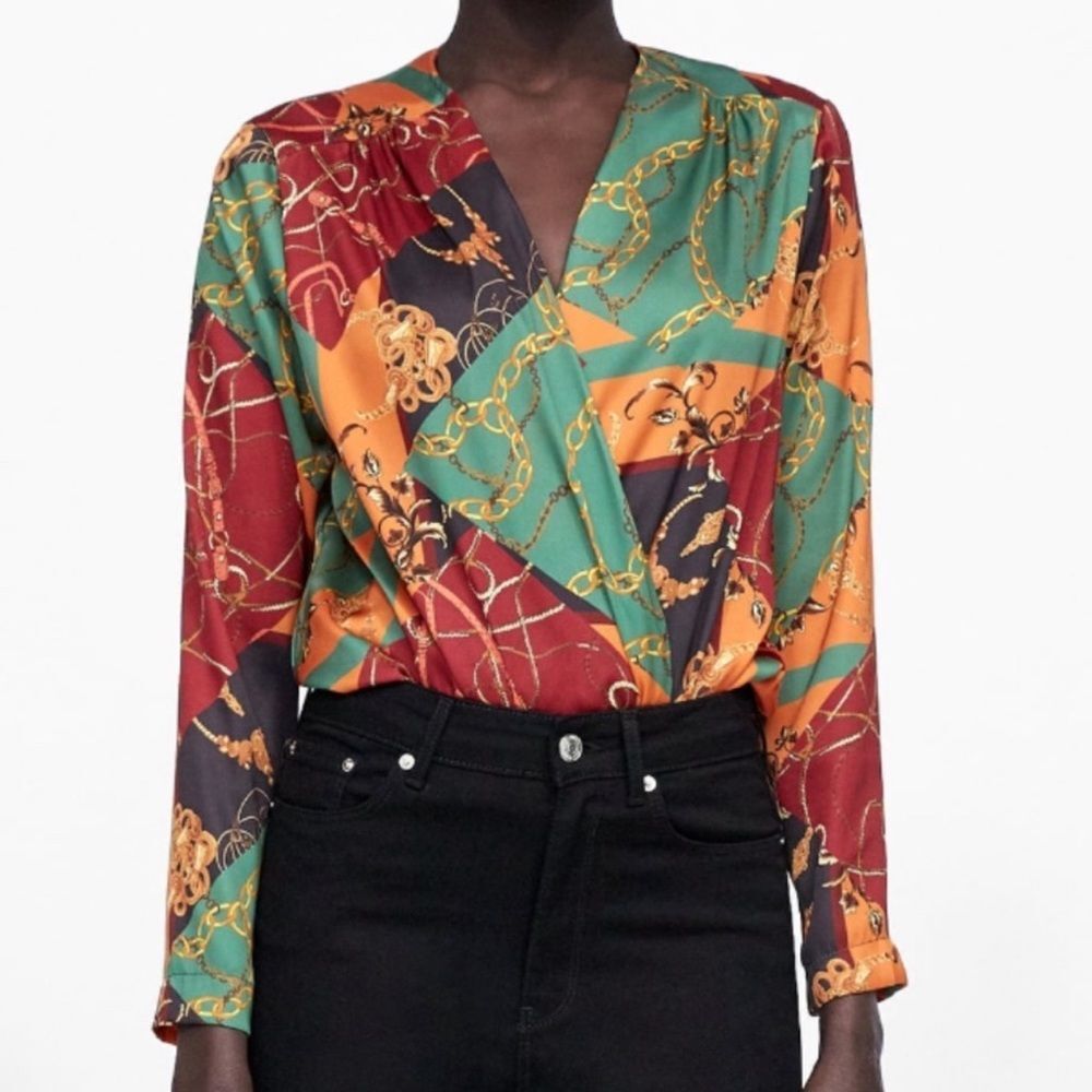 Zara Green Red and Gold Chain Print Long Sleeve Blouse Bodysuit